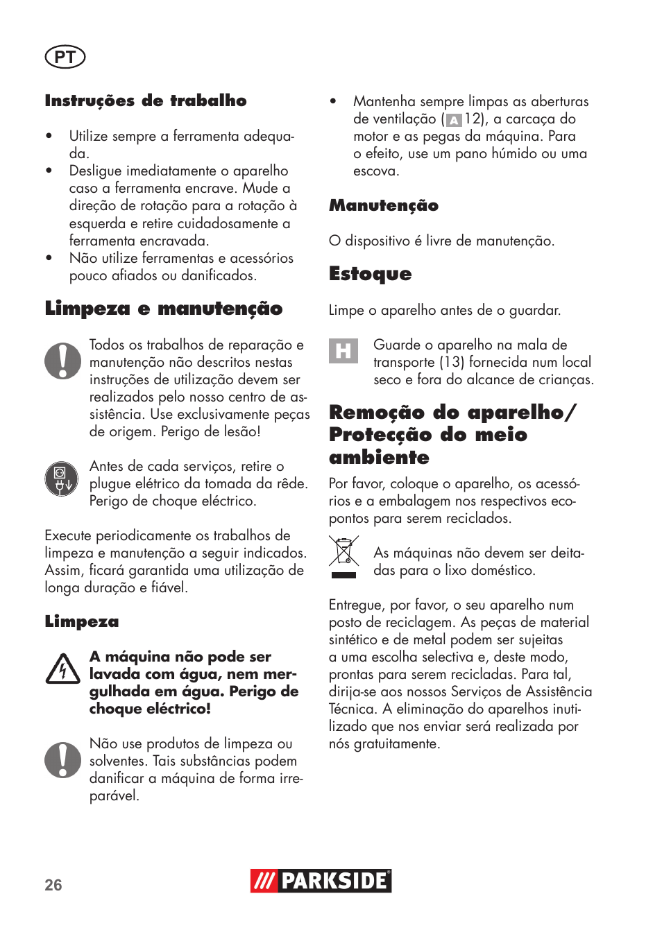 Limpeza e manutenção, Estoque, Remoção do aparelho/ protecção do meio ambiente | Parkside PSBM 500 B3 User Manual | Page 26 / 60
