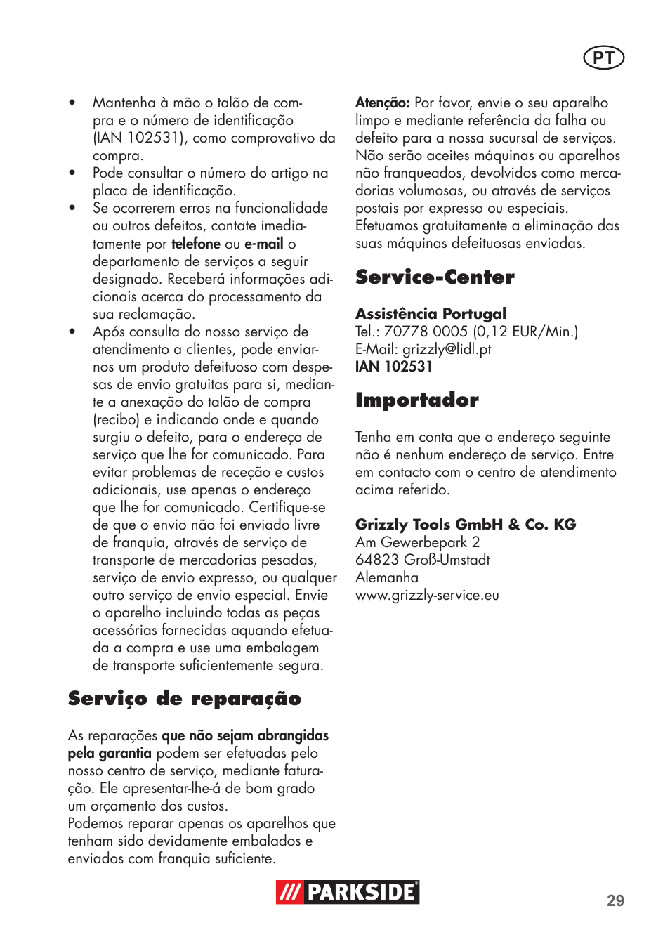 Serviço de reparação, Service-center, Importador | Parkside PSBM 500 B3 User Manual | Page 29 / 60