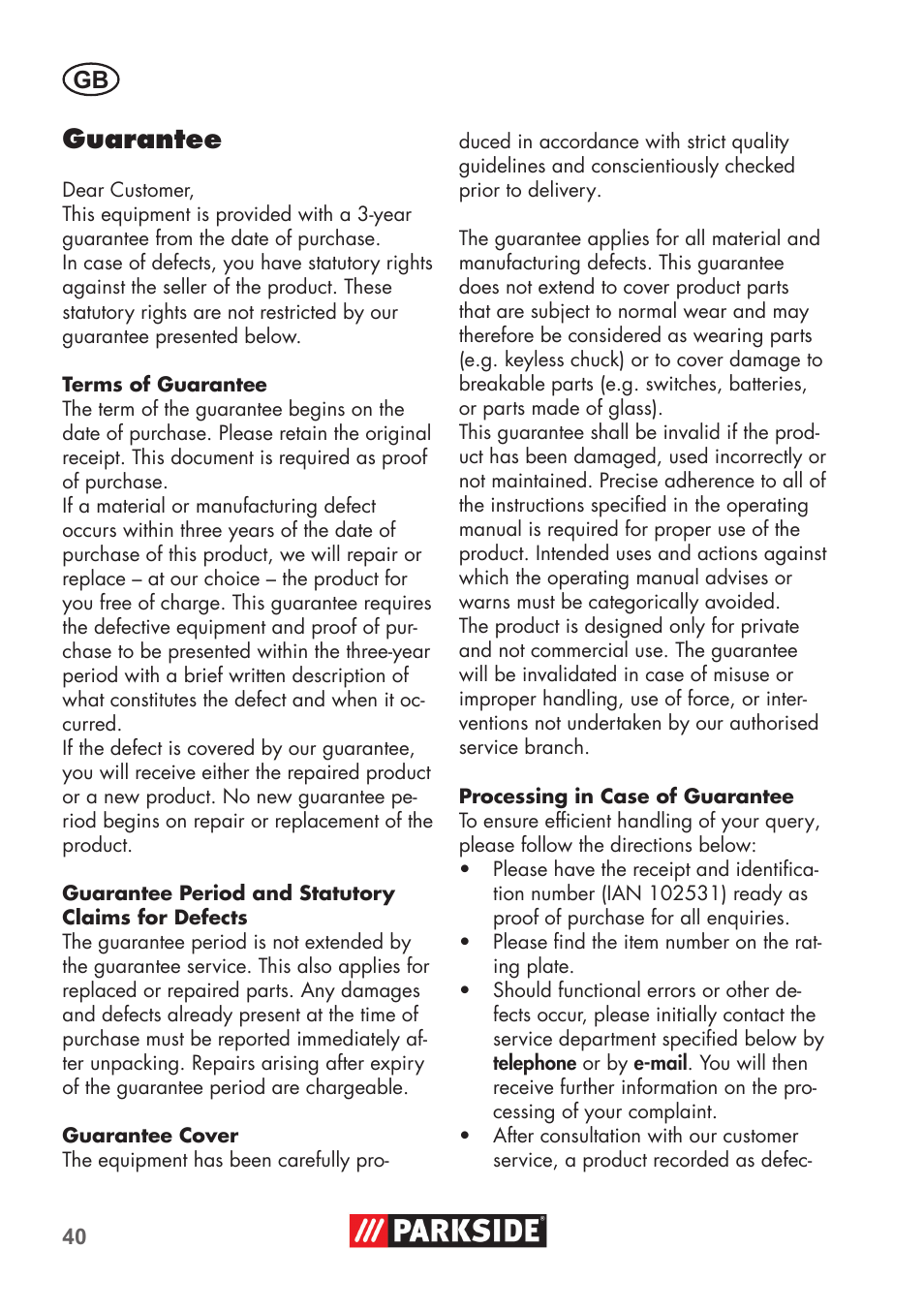 Guarantee | Parkside PSBM 500 B3 User Manual | Page 40 / 60