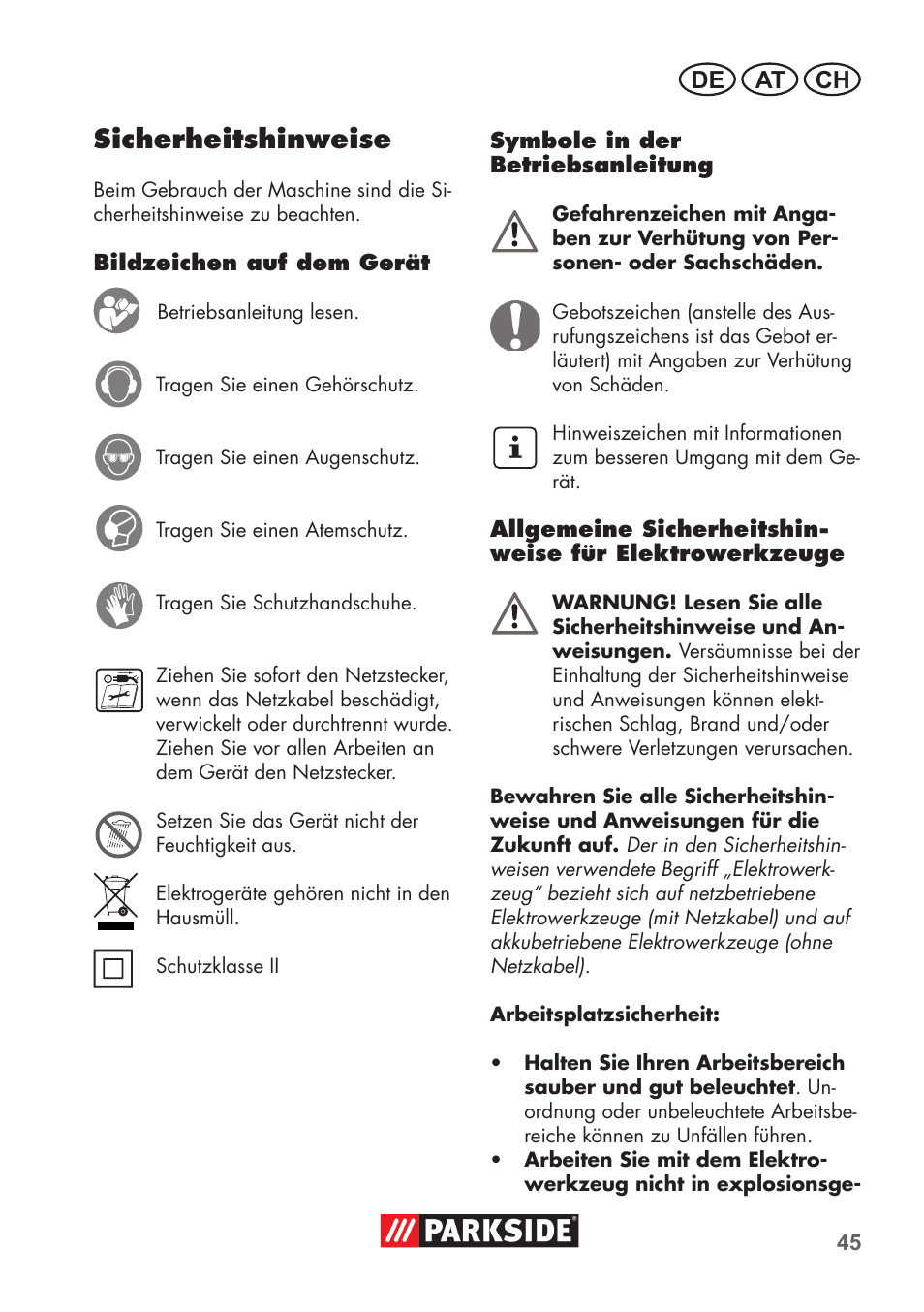 Sicherheitshinweise, De at ch | Parkside PSBM 500 B3 User Manual | Page 45 / 60