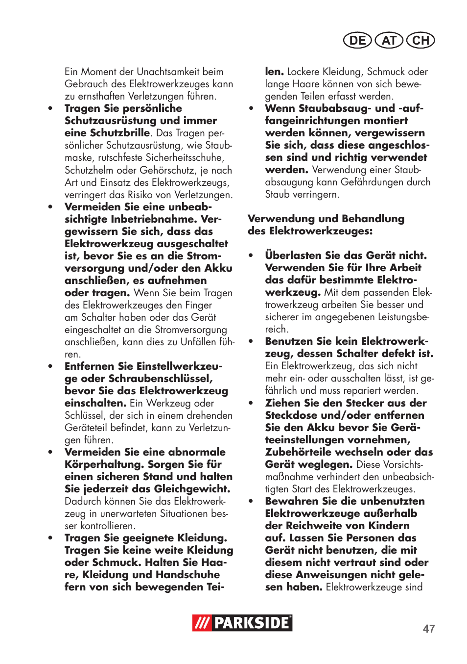 De at ch | Parkside PSBM 500 B3 User Manual | Page 47 / 60