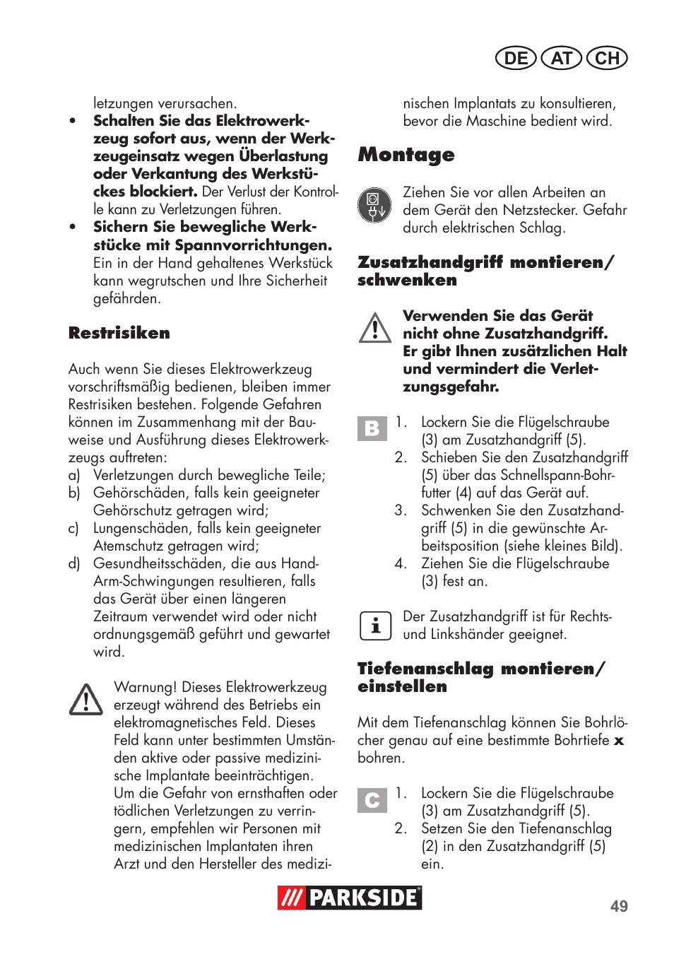 Montage, De at ch | Parkside PSBM 500 B3 User Manual | Page 49 / 60