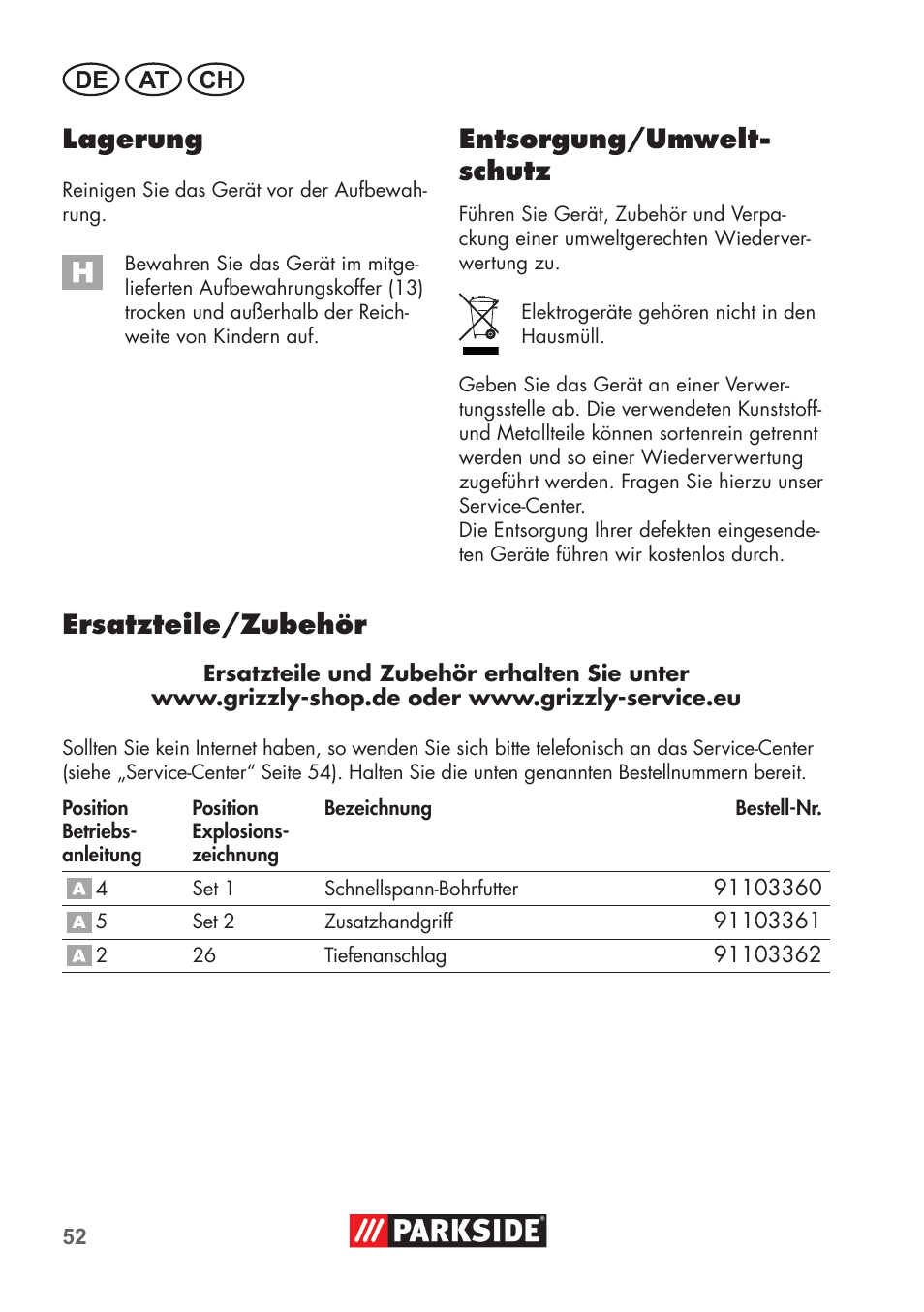 Lagerung, Entsorgung/umwelt- schutz, Ersatzteile/zubehör | Parkside PSBM 500 B3 User Manual | Page 52 / 60