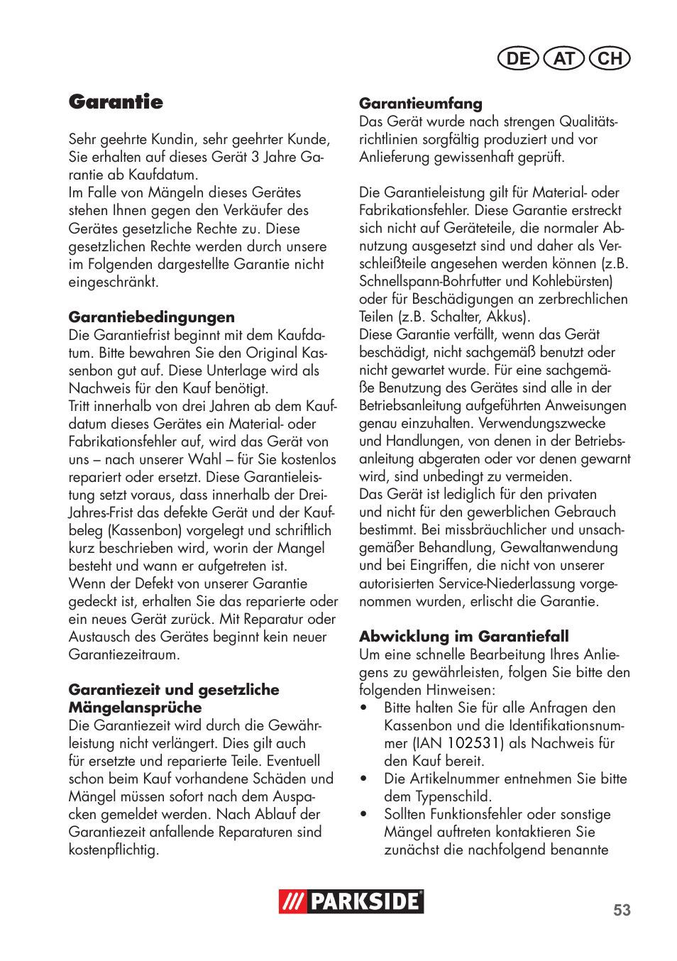 Garantie, De at ch | Parkside PSBM 500 B3 User Manual | Page 53 / 60