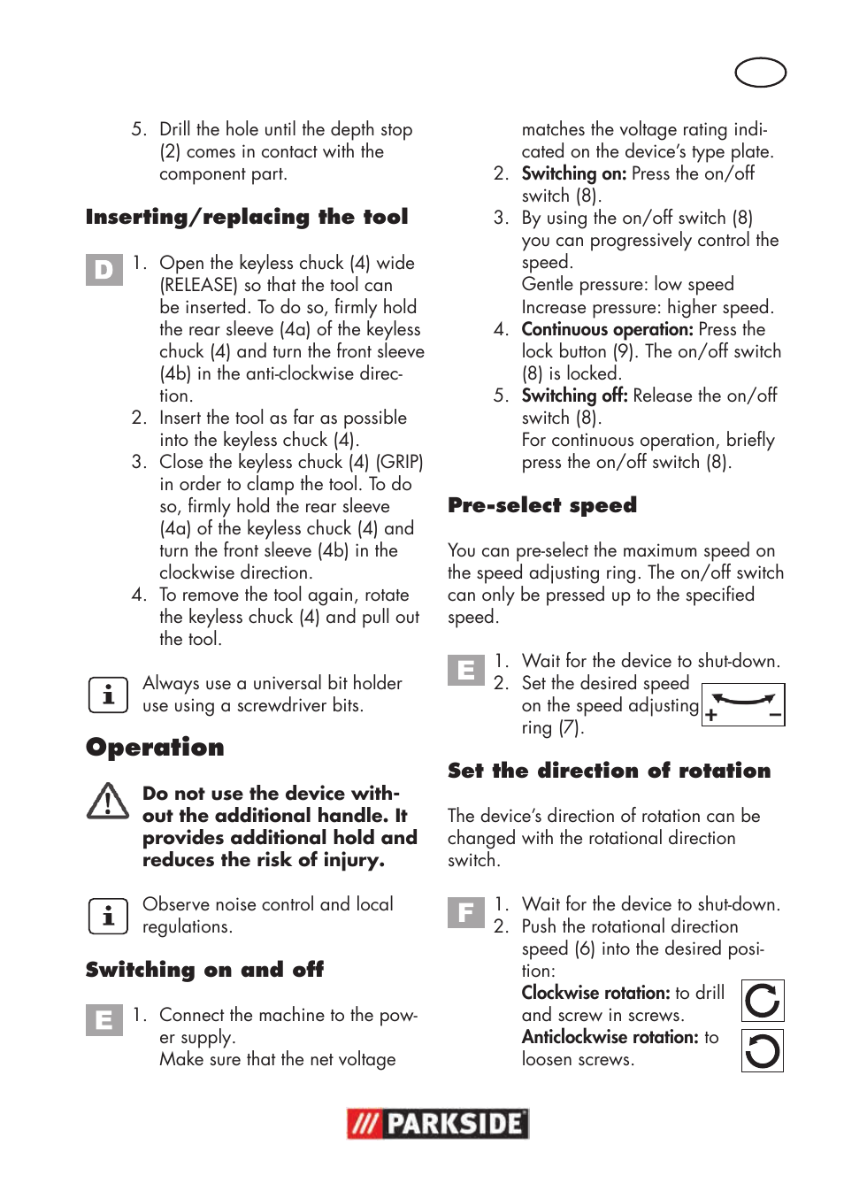 Operation | Parkside PSBM 500 B3 User Manual | Page 11 / 96