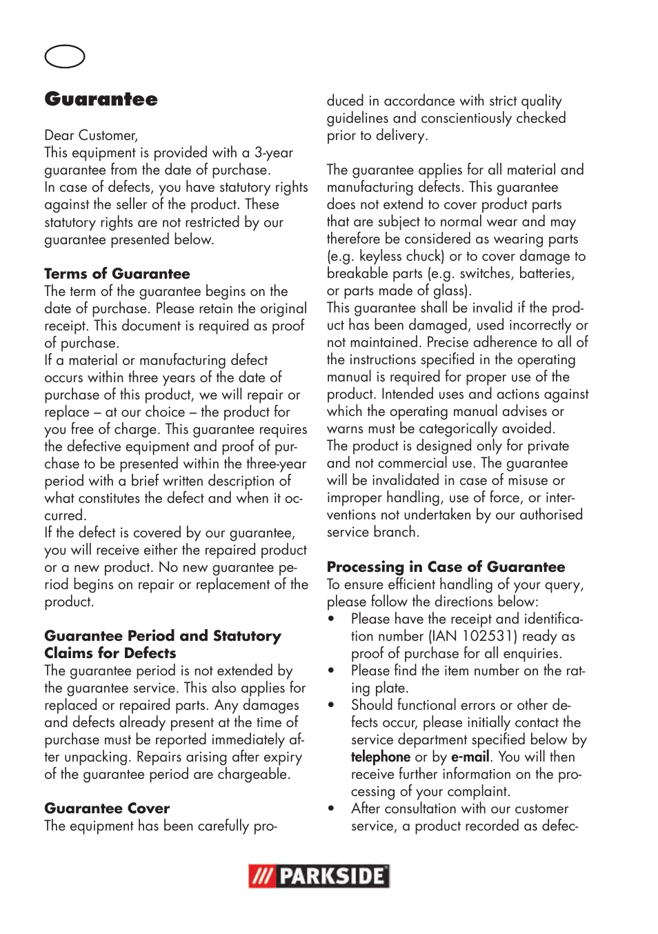 Guarantee | Parkside PSBM 500 B3 User Manual | Page 14 / 96