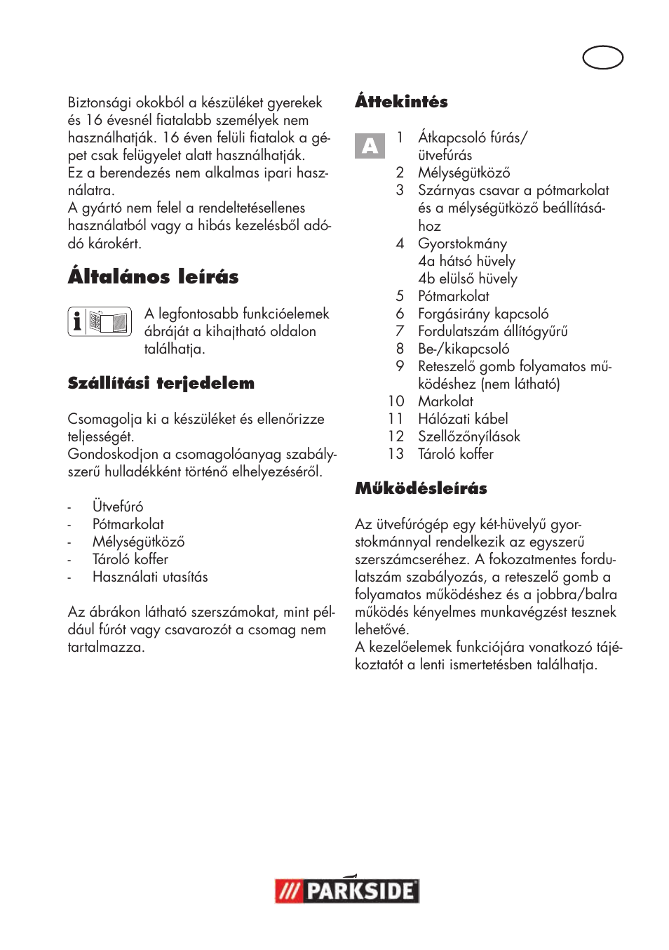 Általános leírás | Parkside PSBM 500 B3 User Manual | Page 29 / 96