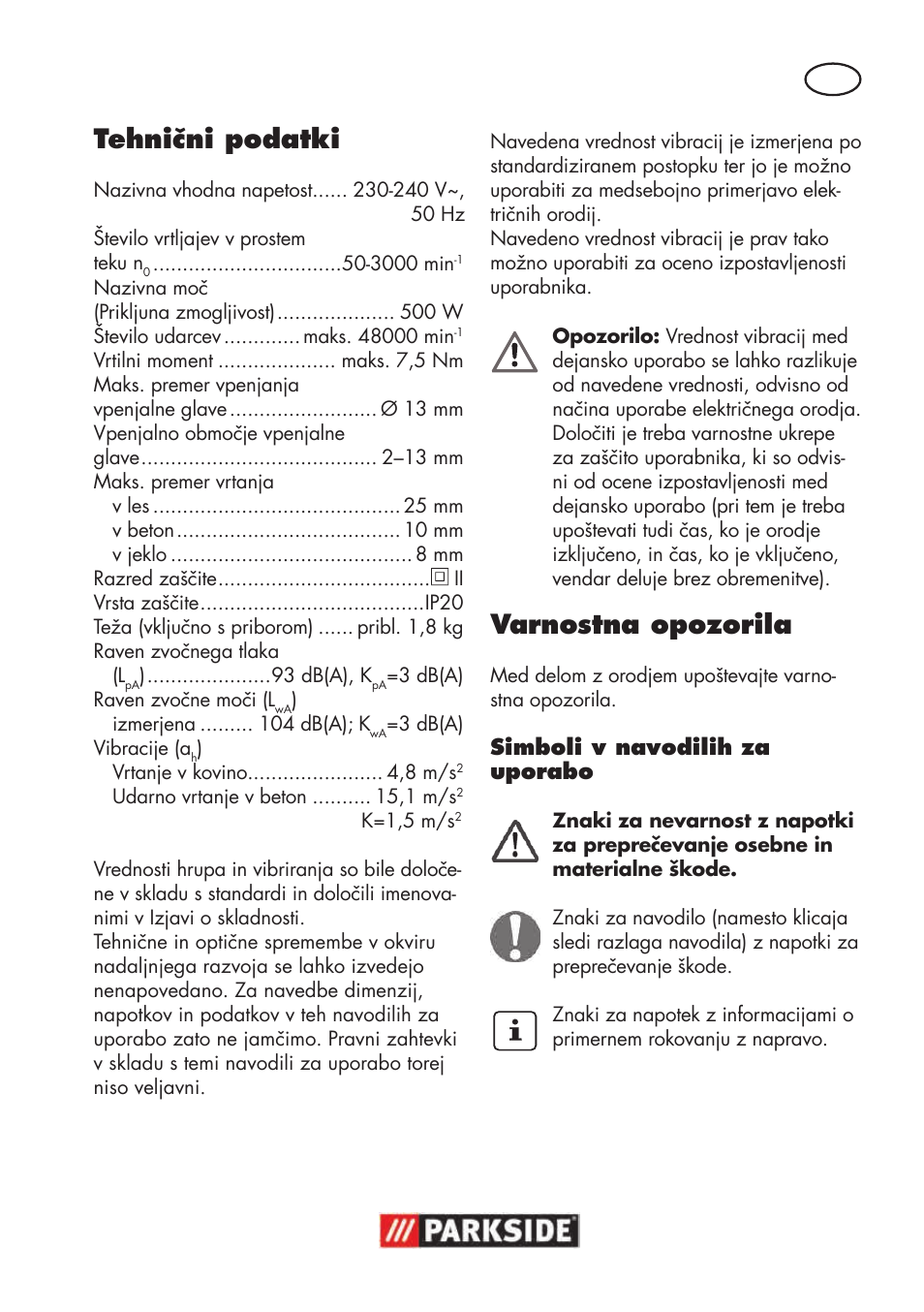 Tehnični podatki, Varnostna opozorila | Parkside PSBM 500 B3 User Manual | Page 43 / 96