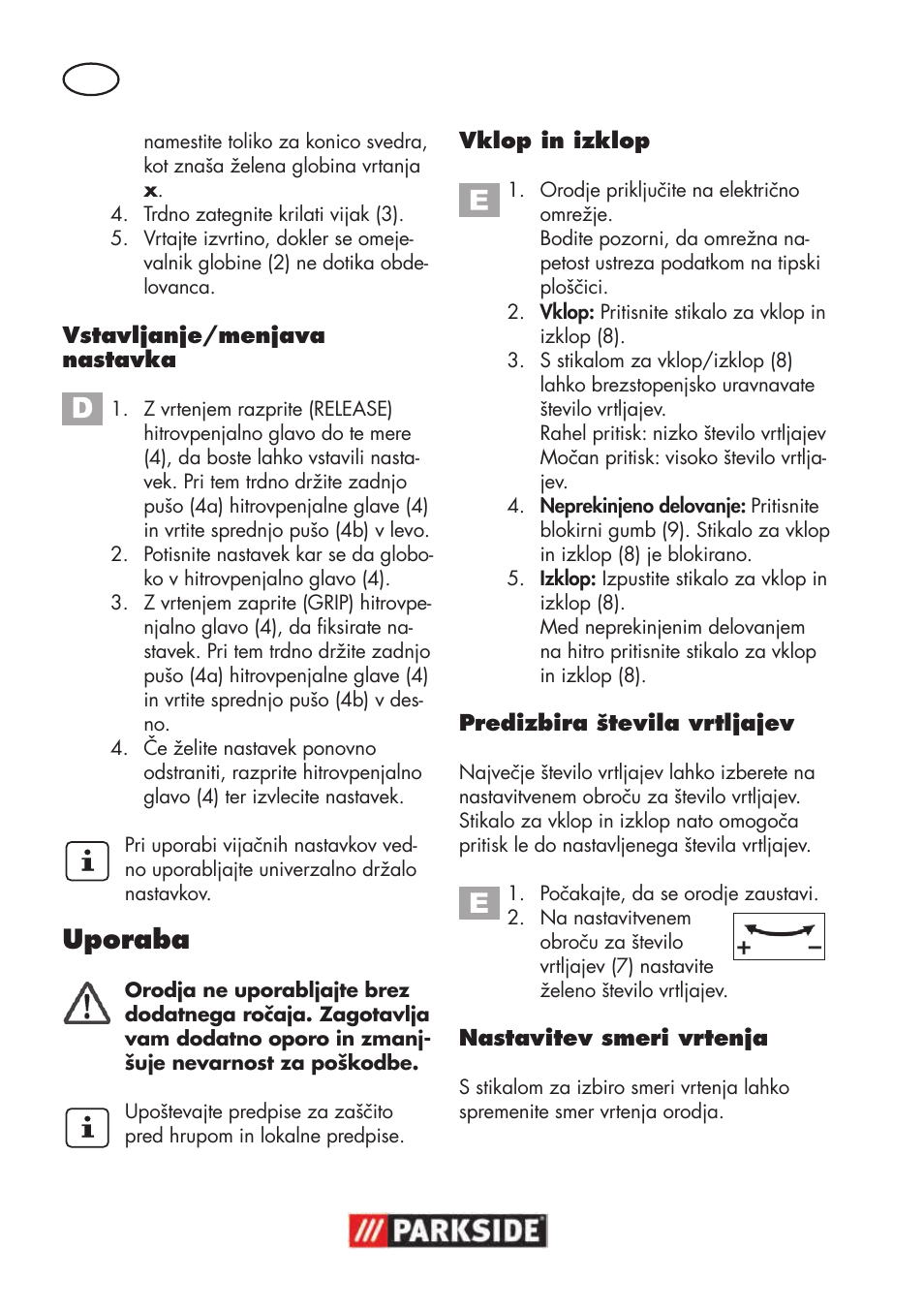 Uporaba | Parkside PSBM 500 B3 User Manual | Page 48 / 96