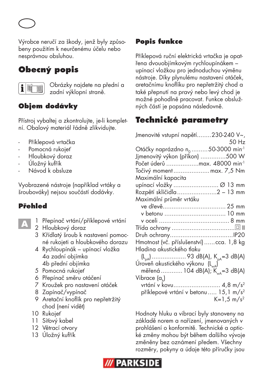 Obecný popis, Technické parametry | Parkside PSBM 500 B3 User Manual | Page 54 / 96