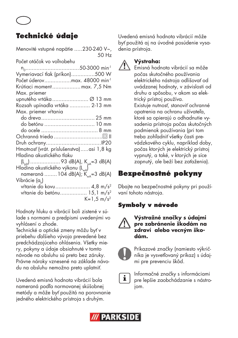 Technické údaje, Bezpečnostné pokyny | Parkside PSBM 500 B3 User Manual | Page 66 / 96