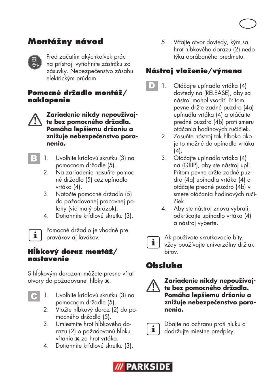 Montážny návod, Obsluha | Parkside PSBM 500 B3 User Manual | Page 71 / 96
