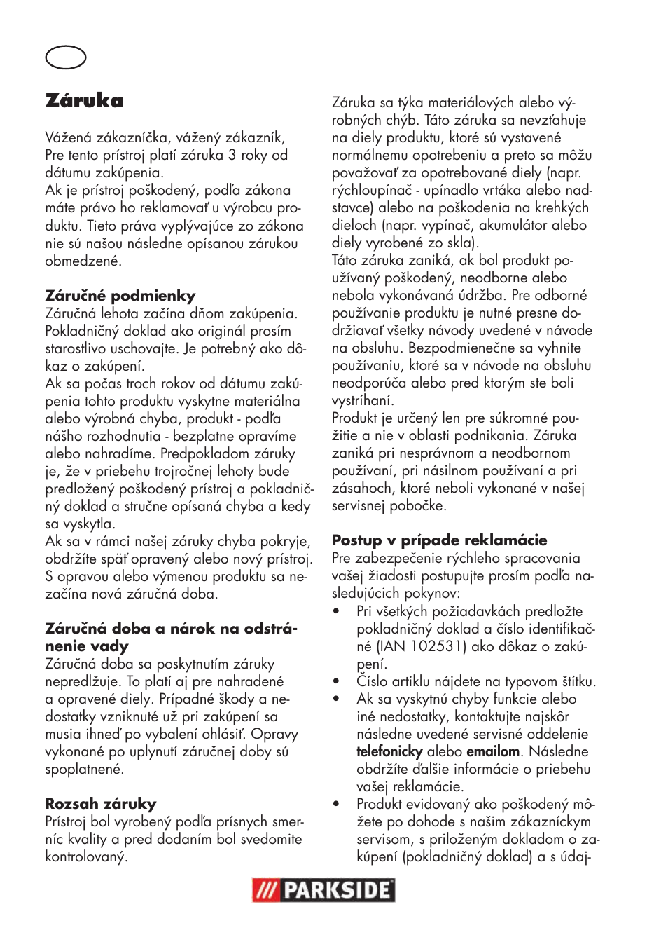 Záruka | Parkside PSBM 500 B3 User Manual | Page 74 / 96