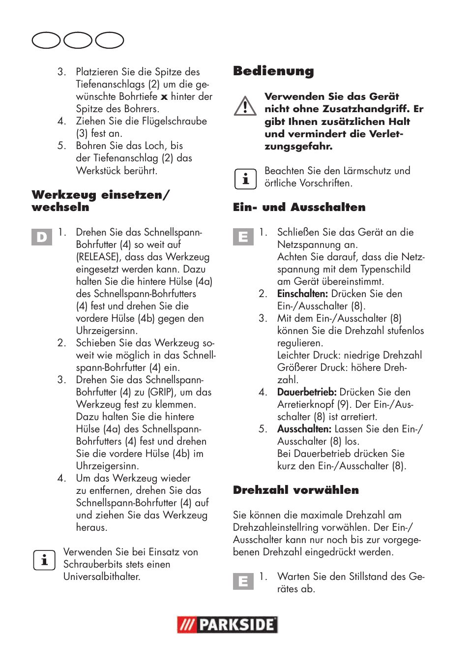 Bedienung, De at ch | Parkside PSBM 500 B3 User Manual | Page 84 / 96