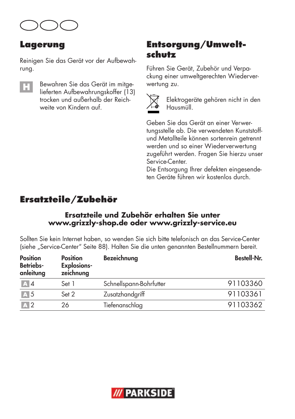 Lagerung, Entsorgung/umwelt- schutz, Ersatzteile/zubehör | Parkside PSBM 500 B3 User Manual | Page 86 / 96