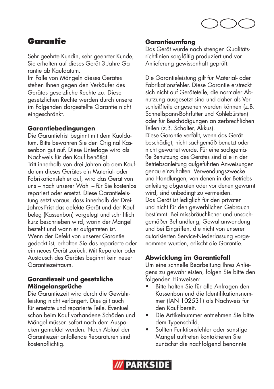 Garantie, De at ch | Parkside PSBM 500 B3 User Manual | Page 87 / 96