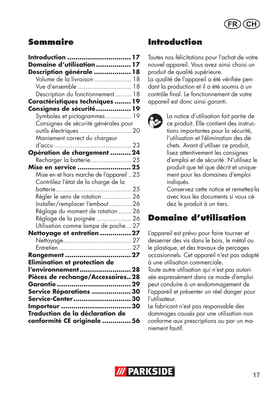 Sommaire, Introduction, Domaine d’utilisation | Fr ch | Parkside PSSA 3.6 C3 User Manual | Page 17 / 58