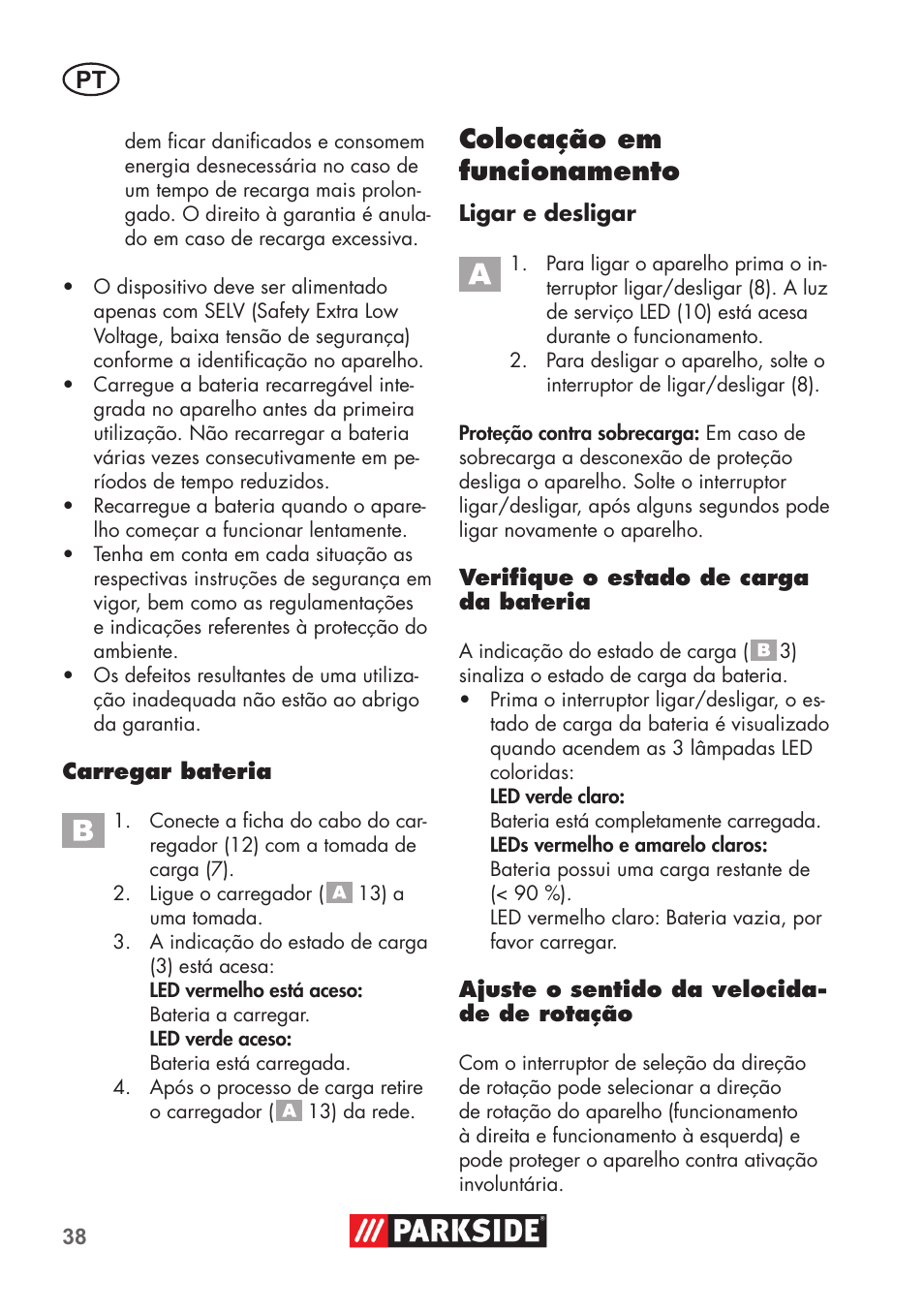 Colocação em funcionamento | Parkside PSSA 3.6 C3 User Manual | Page 38 / 74