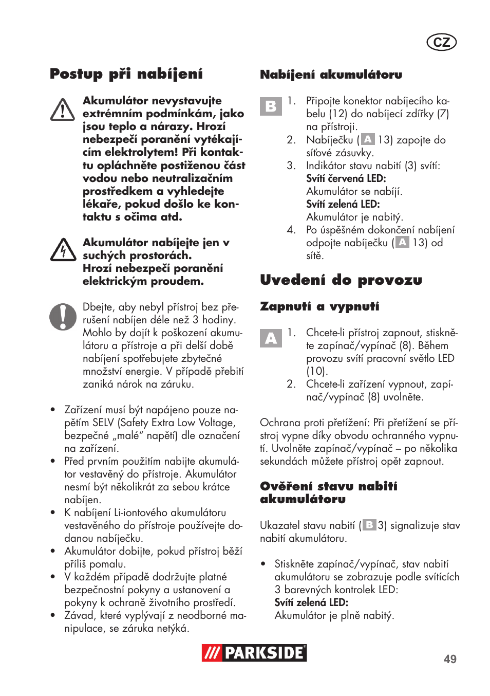 Postup při nabíjení, Uvedení do provozu | Parkside PSSA 3.6 C3 User Manual | Page 49 / 82