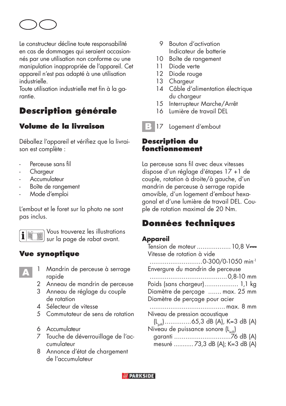 Description générale, Données techniques, Fr ch | Parkside PABSW 10.8 B3 User Manual | Page 20 / 68