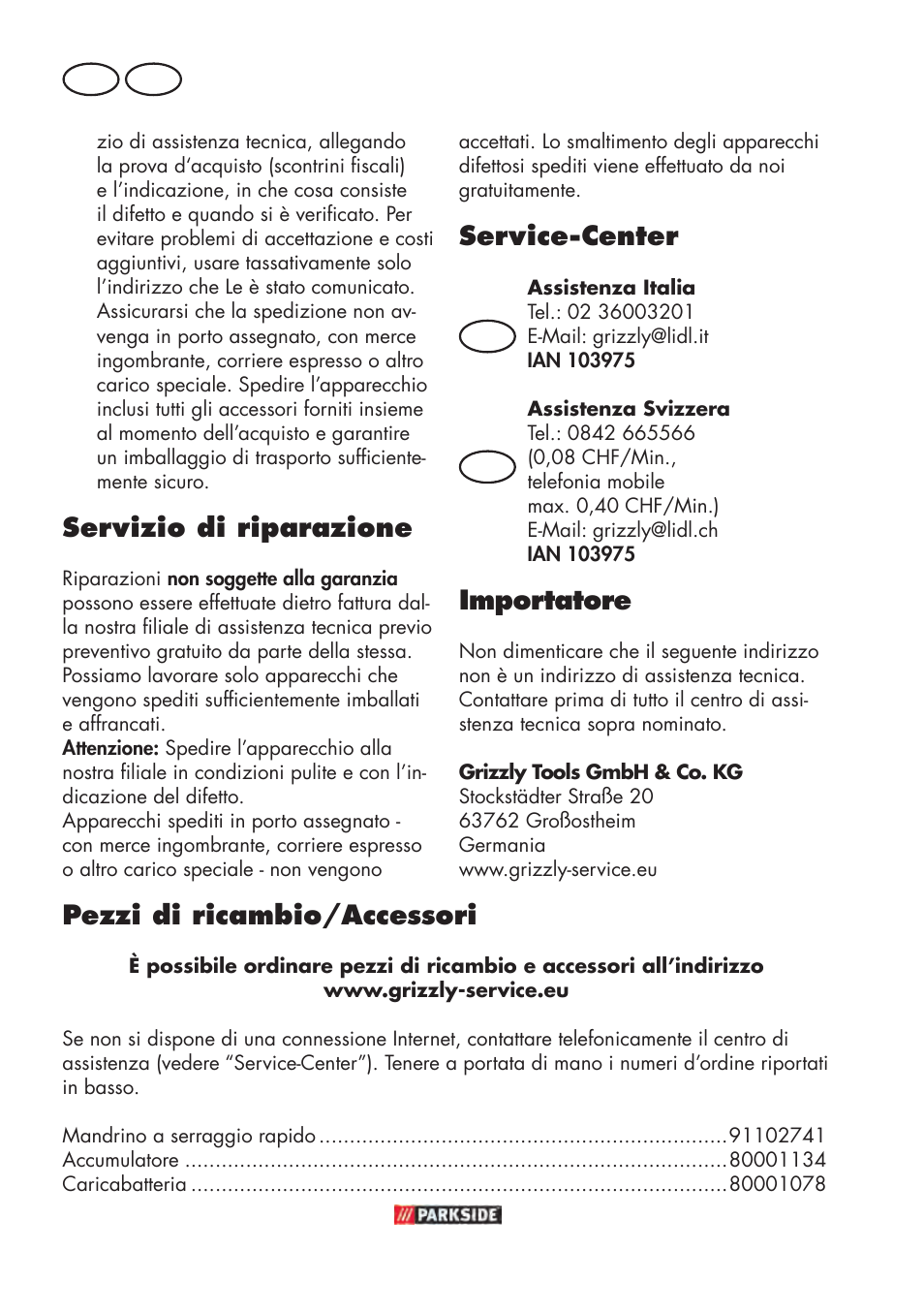 Servizio di riparazione, Service-center, Importatore | Pezzi di ricambio/accessori | Parkside PABSW 10.8 B3 User Manual | Page 46 / 68