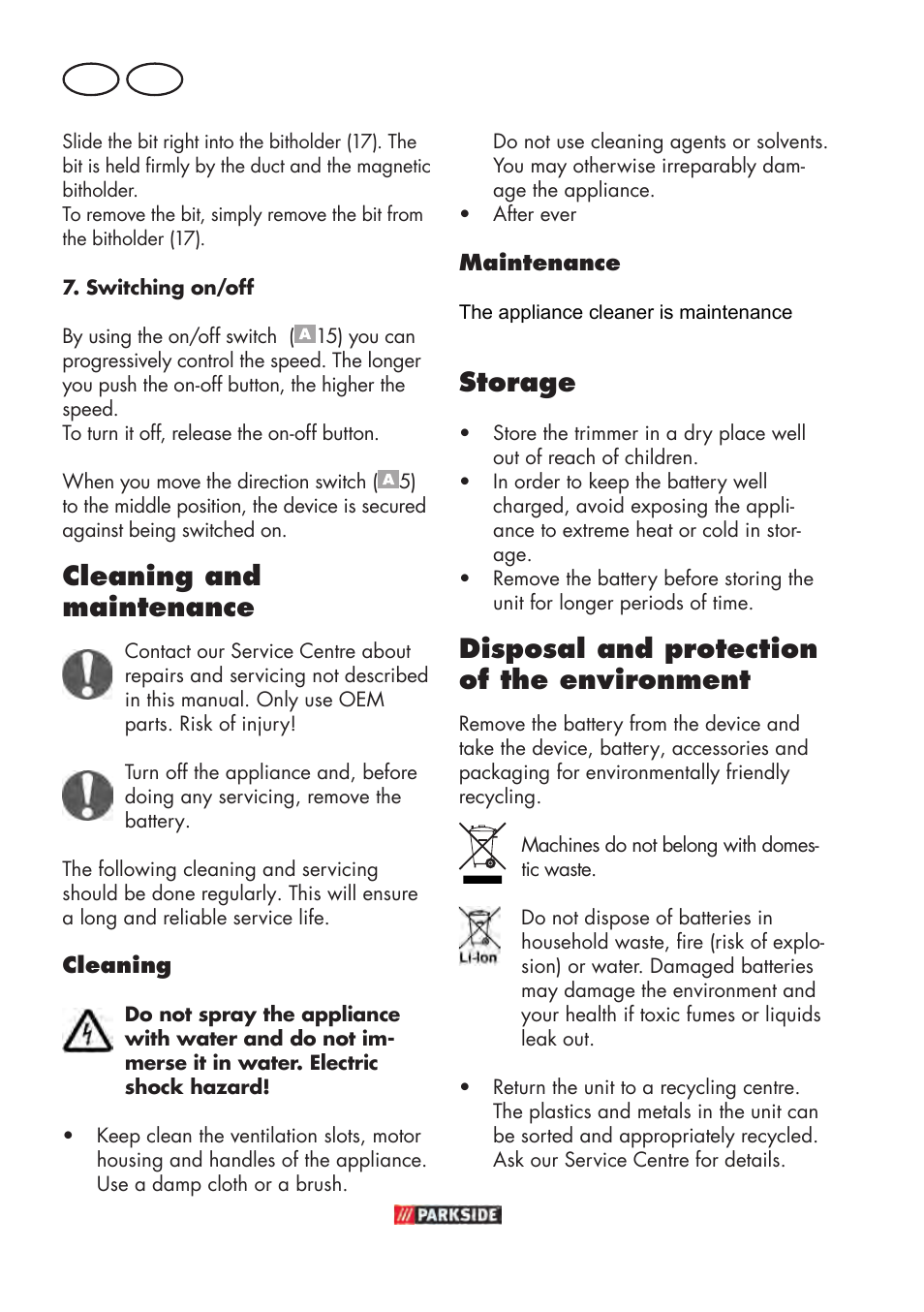 Cleaning and maintenance, Storage, Disposal and protection of the environment | Parkside PABSW 10.8 B3 User Manual | Page 56 / 84