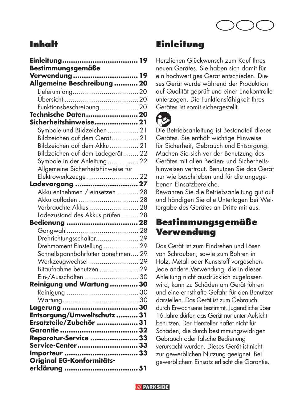 Inhalt, Einleitung, Bestimmungsgemäße verwendung | De at ch | Parkside PABSW 10.8 B3 User Manual | Page 19 / 56