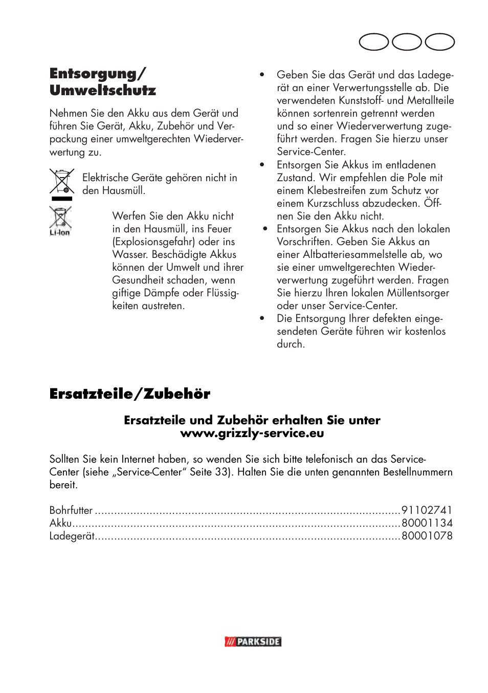 Entsorgung/ umweltschutz, Ersatzteile/zubehör | Parkside PABSW 10.8 B3 User Manual | Page 31 / 56