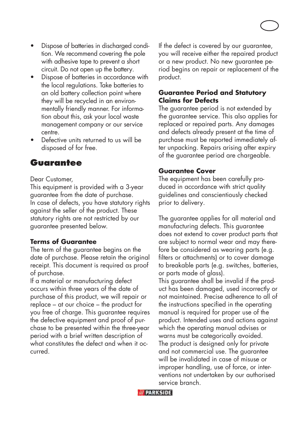 Guarantee | Parkside PABSW 10.8 B3 User Manual | Page 45 / 56