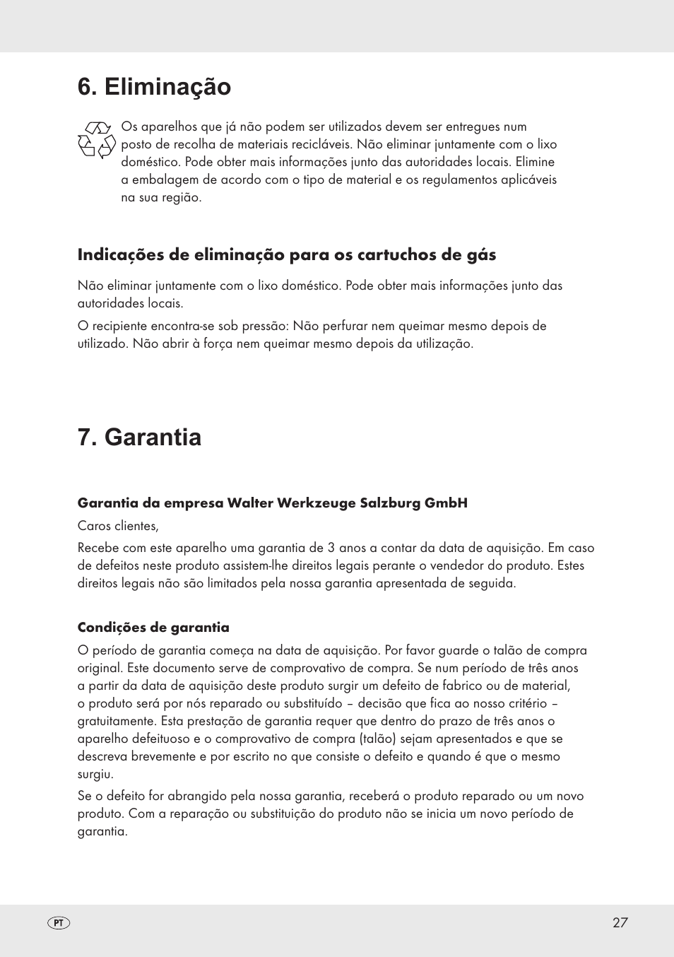 Eliminação, Garantia | Parkside PT360 User Manual | Page 27 / 44