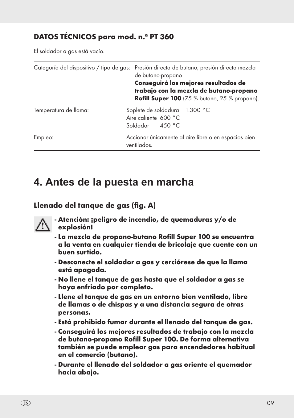 Antes de la puesta en marcha | Parkside PT360 User Manual | Page 9 / 44