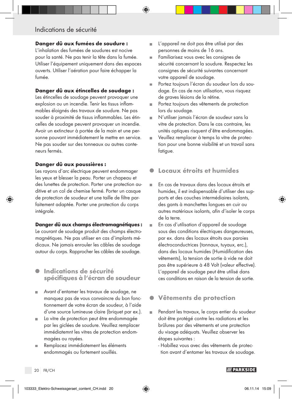 Locaux étroits et humides, Vêtements de protection | Parkside PESG 120 A1 User Manual | Page 20 / 44