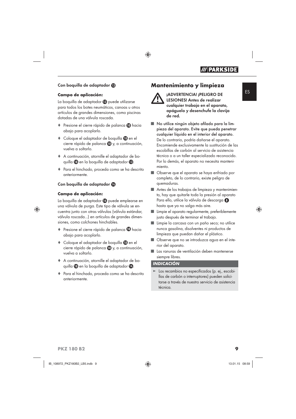 Mantenimiento y limpieza | Parkside PKZ 180 B2 User Manual | Page 12 / 50