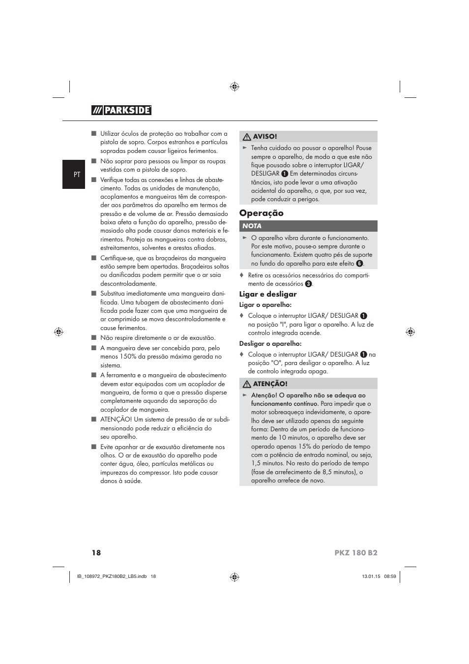 Operação | Parkside PKZ 180 B2 User Manual | Page 21 / 50