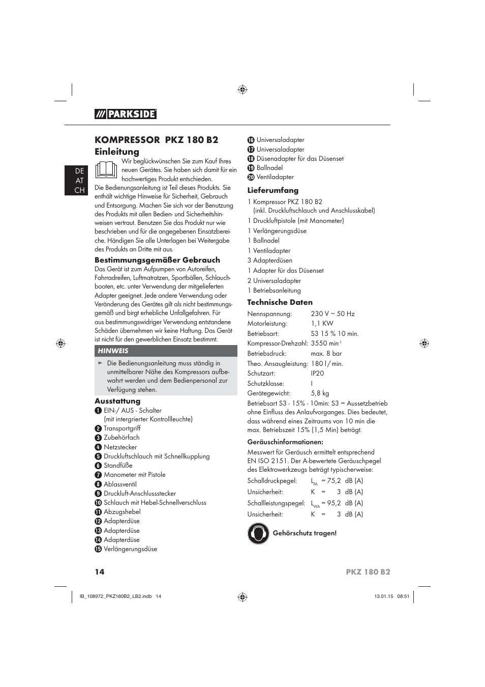 Kompressor pkz 180 b2 einleitung | Parkside PKZ 180 B2 User Manual | Page 17 / 38