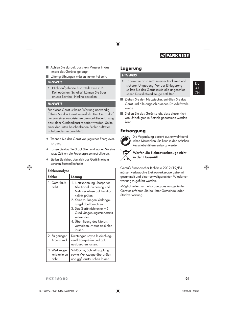 Lagerung, Entsorgung | Parkside PKZ 180 B2 User Manual | Page 24 / 38
