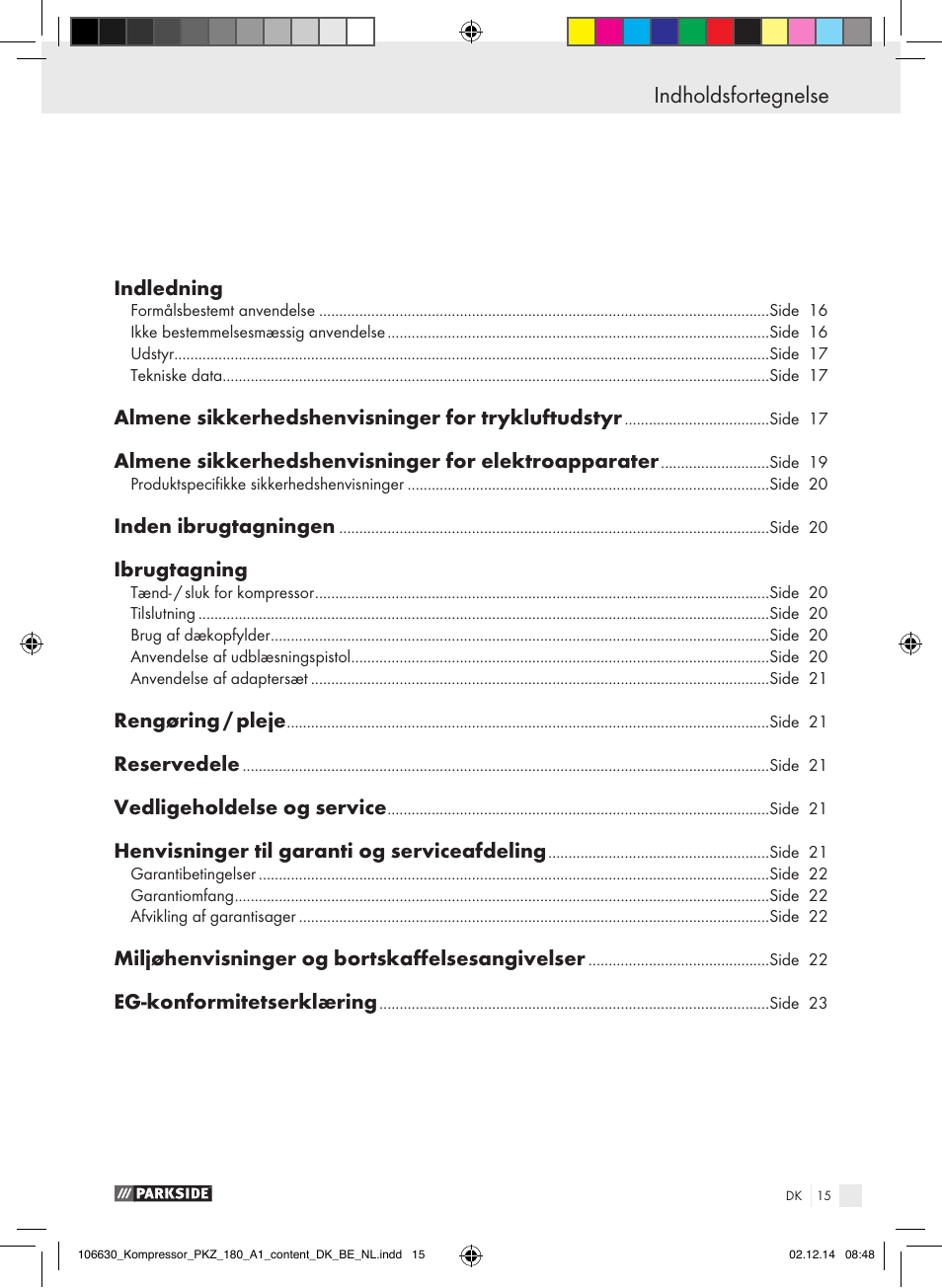 Indholdsfortegnelse | Parkside PKZ 180 A1 User Manual | Page 15 / 55