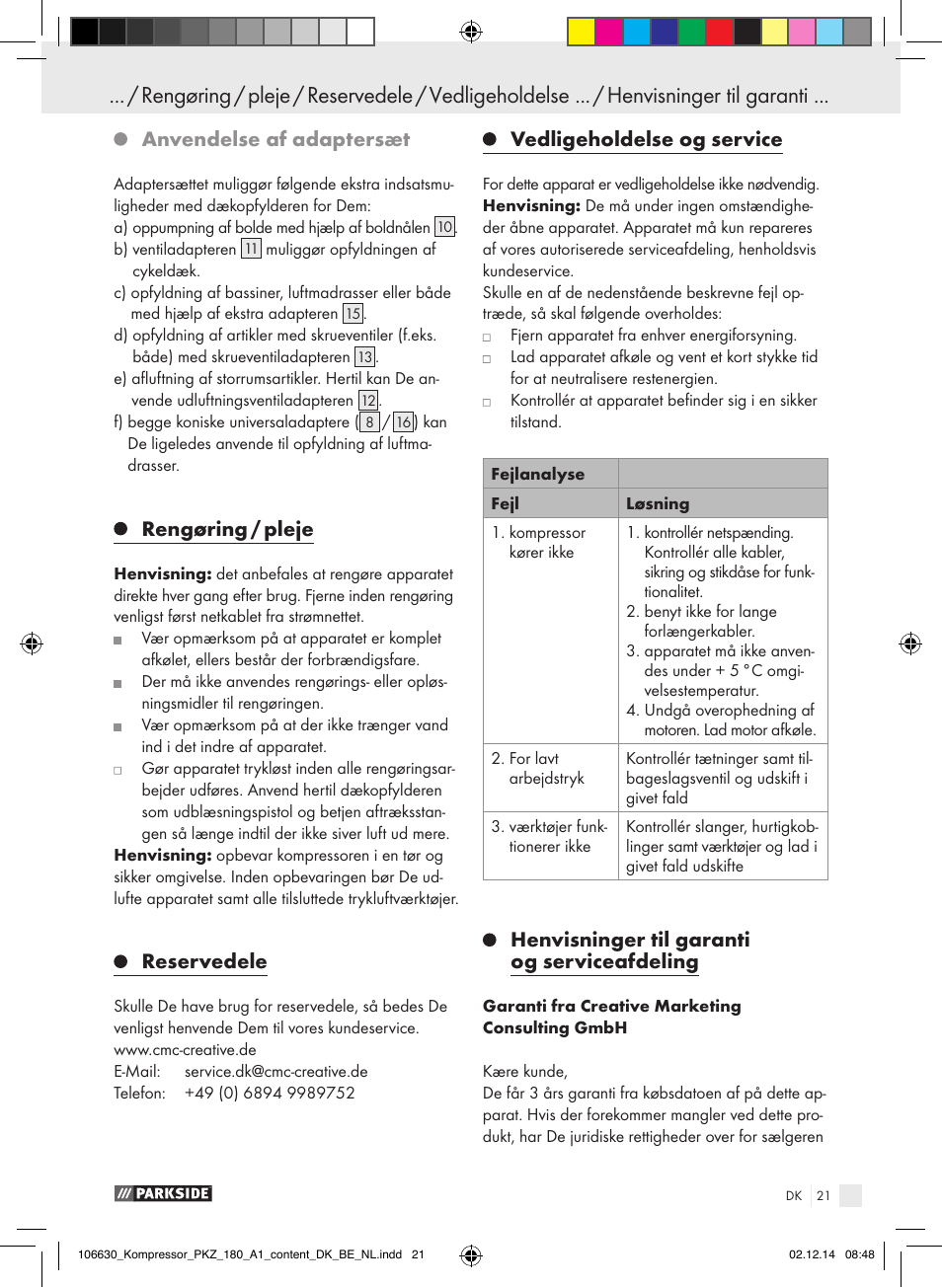 Anvendelse af adaptersæt, Rengøring / pleje, Reservedele | Vedligeholdelse og service, Henvisninger til garanti og serviceafdeling | Parkside PKZ 180 A1 User Manual | Page 21 / 55
