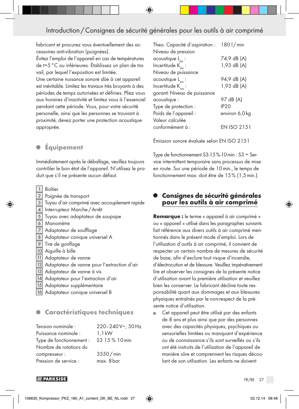 Équipement, Caractéristiques techniques | Parkside PKZ 180 A1 User Manual | Page 27 / 55