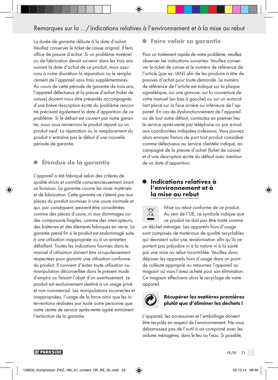 Étendue de la garantie, Faire valoir sa garantie | Parkside PKZ 180 A1 User Manual | Page 33 / 55