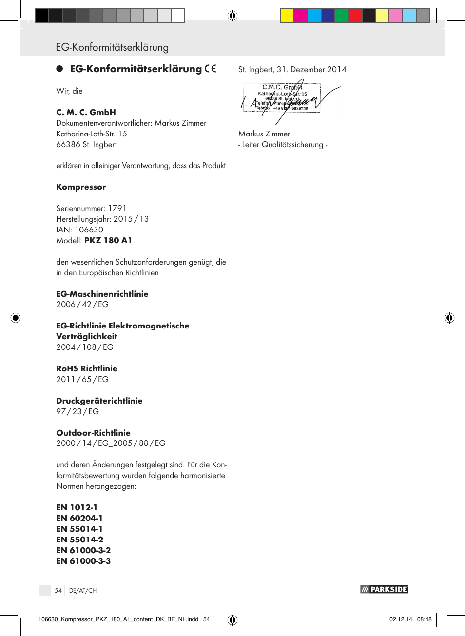 Eg-konformitätserklärung | Parkside PKZ 180 A1 User Manual | Page 54 / 55