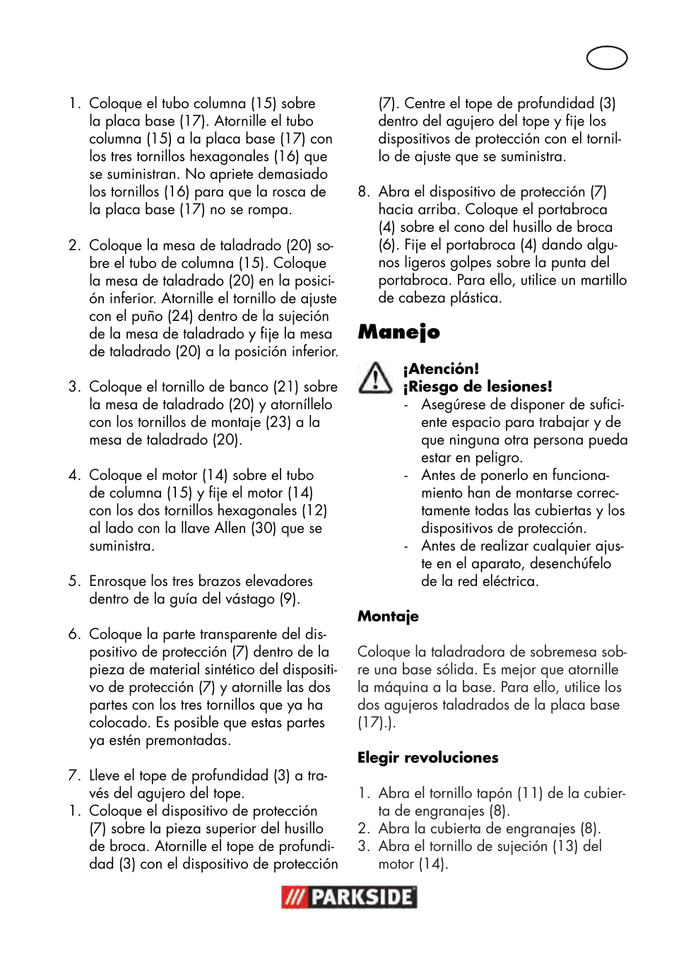 Manejo | Parkside PTBM 500 A1 User Manual | Page 11 / 90