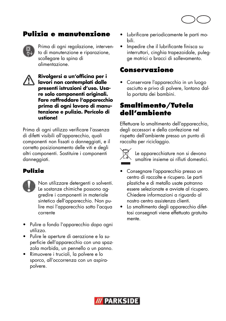 Pulizia e manutenzione, Conservazione, Smaltimento/tutela dell’ambiente | Parkside PTBM 500 A1 User Manual | Page 31 / 90