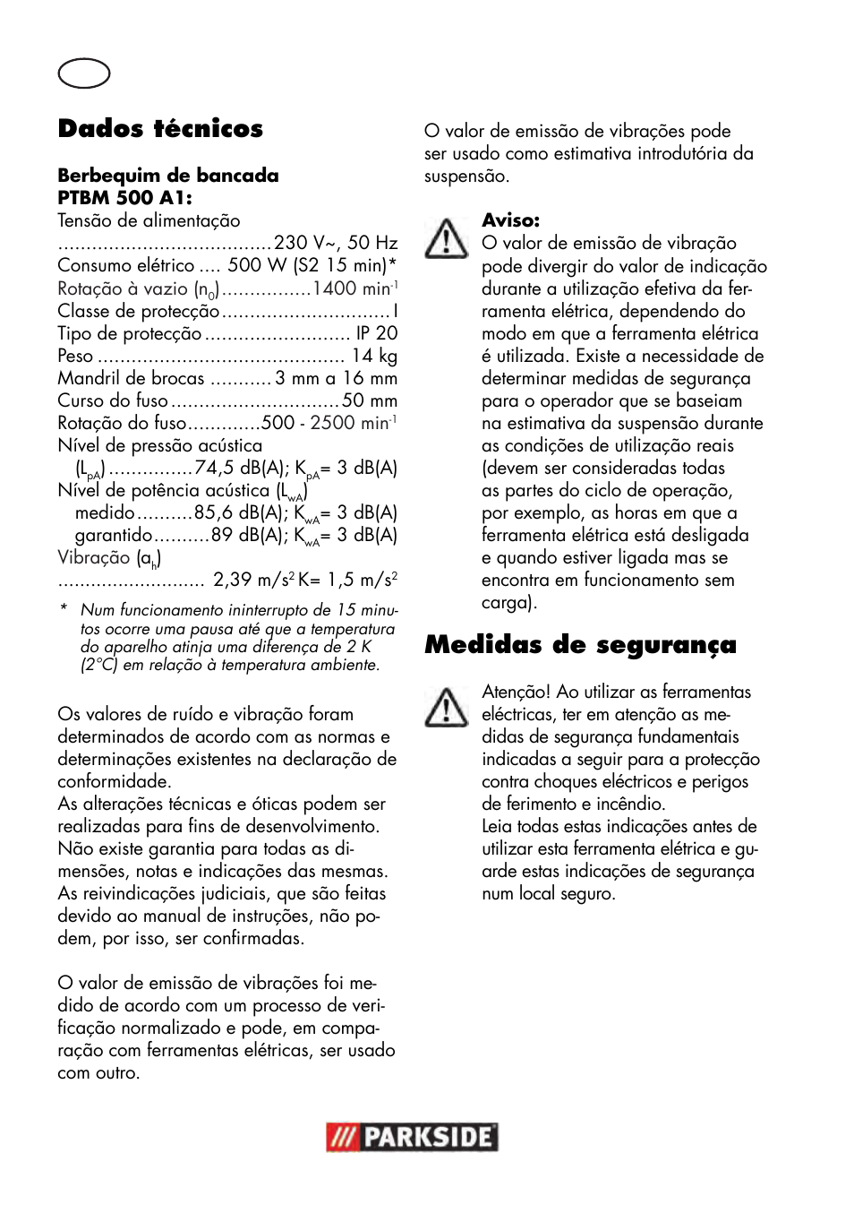 Dados técnicos, Medidas de segurança | Parkside PTBM 500 A1 User Manual | Page 38 / 90