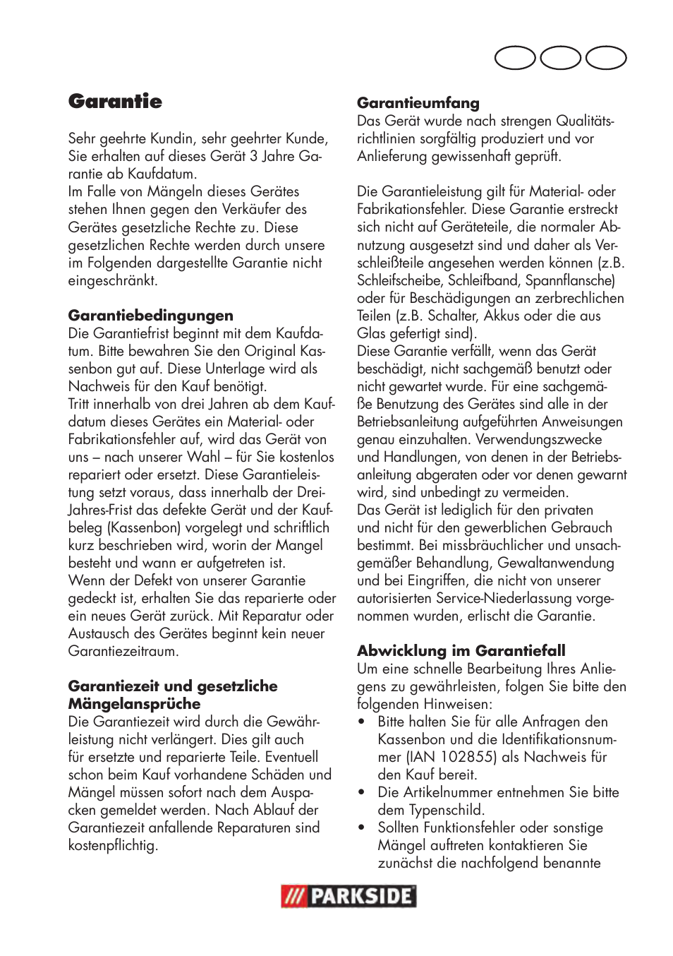 Garantie, De at ch | Parkside PTBM 500 A1 User Manual | Page 81 / 90