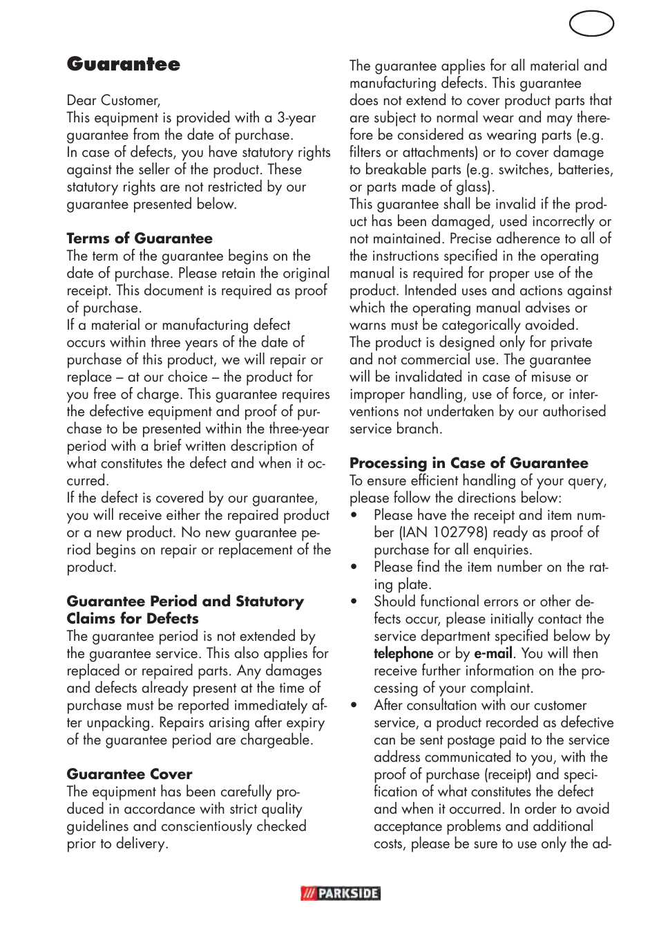 Gb guarantee | Parkside PHD 150 D3 User Manual | Page 13 / 102
