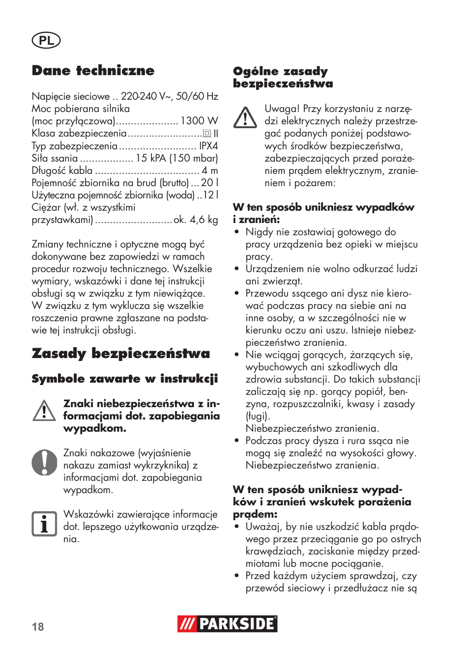 Dane techniczne, Zasady bezpieczeństwa | Parkside PNTS 1300 C3 User Manual | Page 18 / 68