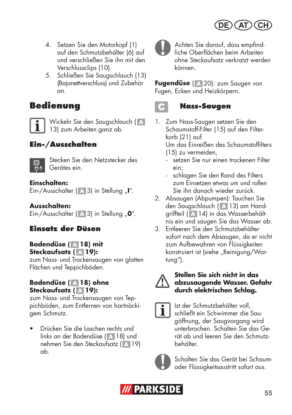 Bedienung, De at ch | Parkside PNTS 1300 C3 User Manual | Page 55 / 68