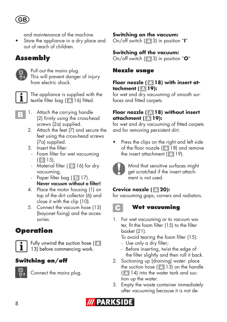 Assembly, Operation | Parkside PNTS 1300 C3 User Manual | Page 8 / 68
