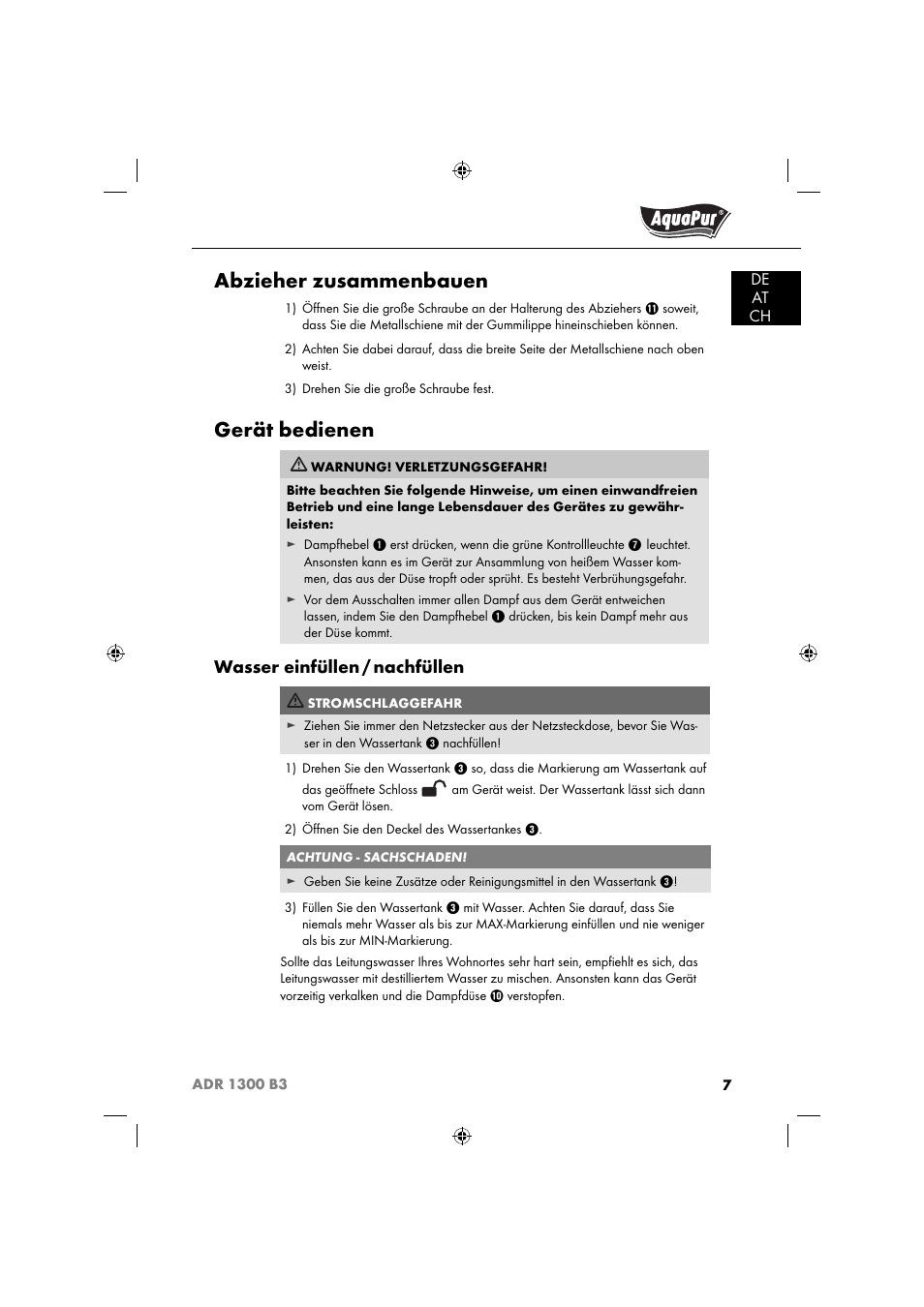 Abzieher zusammenbauen, Gerät bedienen, Wasser einfüllen / nachfüllen | Aquapur ADR 1300 B3 Handheld Steam Cleaner User Manual | Page 10 / 68